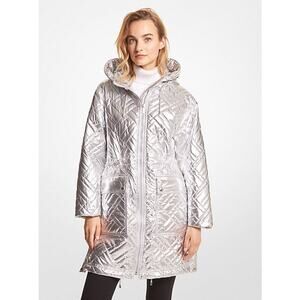 Michael Kors Silver Metallic Quilted Hooded Coat Jacket Small NWT Ciré Puffer
